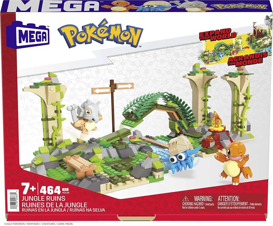 MEGA Pokemon Action Figure Building Toy, Jungle Ruins with 464 Pieces, Motion and 3 Characters, Cubone Charmander Omanyte, For Kids