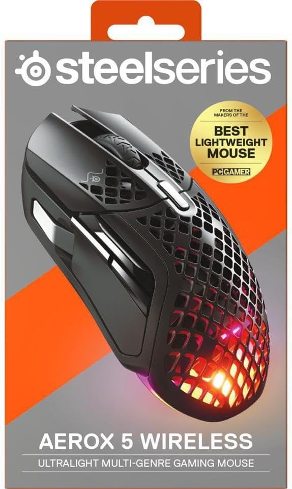 SteelSeries Aerox 5 Wireless - Holey RGB Gaming Mouse - Ultra-lightweight Water Resistant Design - 9 Buttons – Bluetooth/2.4 GHz - 18K DPI TrueMove Air Optical Sensor