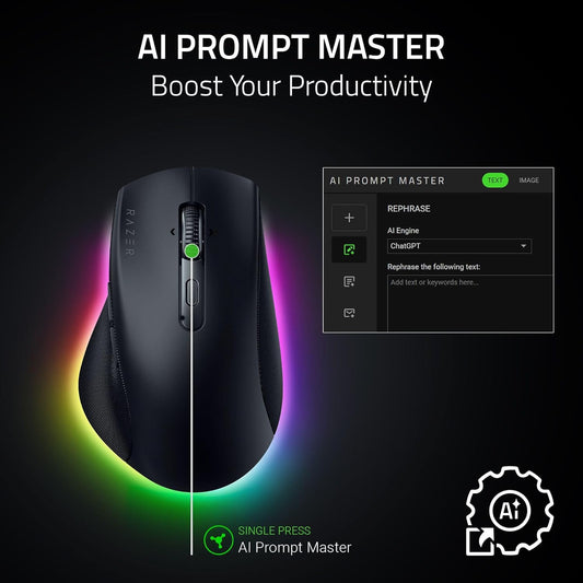 Razer Pro Click V2 Wireless Mouse: Right-Handed Ergonomic Design with Thumb Rest - AI Prompt - Long Battery Life - Multi Device Connectivity via 2.4GHz, Bluetooth, or USB C Wired Mode - Chroma RGB