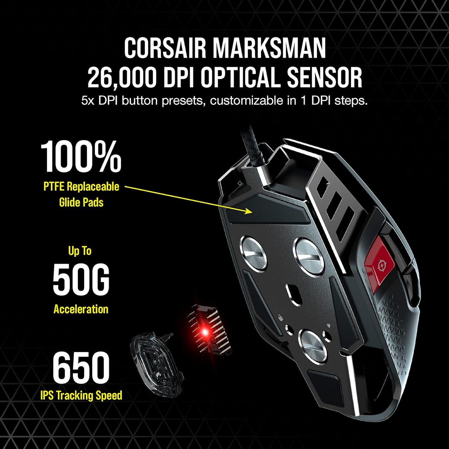Corsair M65 RGB Ultra Tunable FPS Gaming Mouse - CORSAIR Marksman 26,000 DPI Optical Sensor, Optical Switches, AXON Hyper-Processing Technology, Sensor Fusion Control, Tunable Weight System - Black